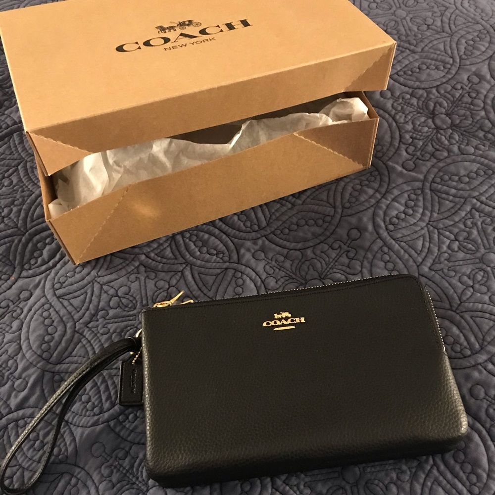 Coach Double Zip Black Wristlet Leather